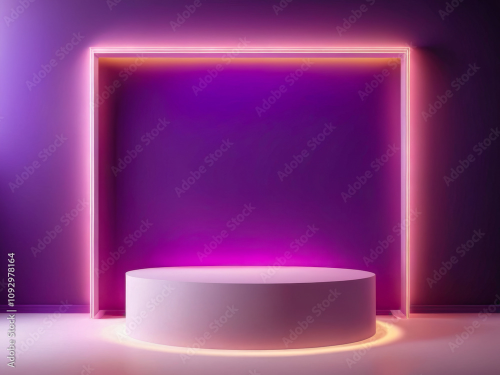 Obraz premium Illuminated Cylindrical Pedestal in Purple Room with Neon Frame