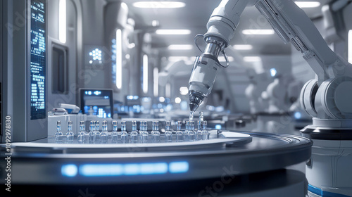 Robotic arm handling glass vials in a futuristic laboratory with advanced technology.