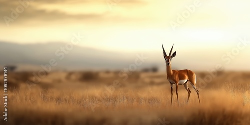 An elegant antelope stands gracefully against a dreamy sunset backdrop, portraying the serene beauty of wildlife and the delicate balance of nature in its natural habitat. photo