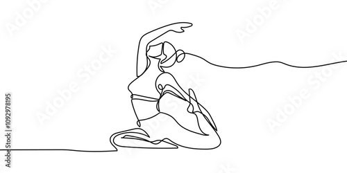 Continuous line drawing of a woman in a yoga pose, representing relaxation and fitness. Vector art focused on health and meditation, isolated on a white background.