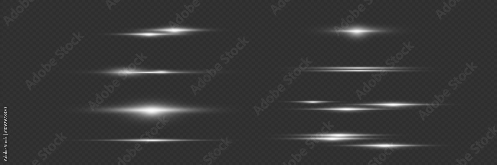 
Set of white horizontal lines, beam light effect. On a transparent background.