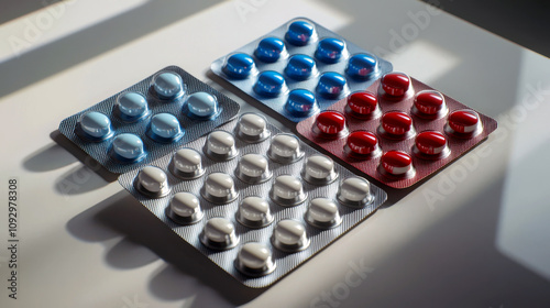 Colorful blister packs with red, blue, and white pills arranged neatly on a light surface. Medical concepts. photo