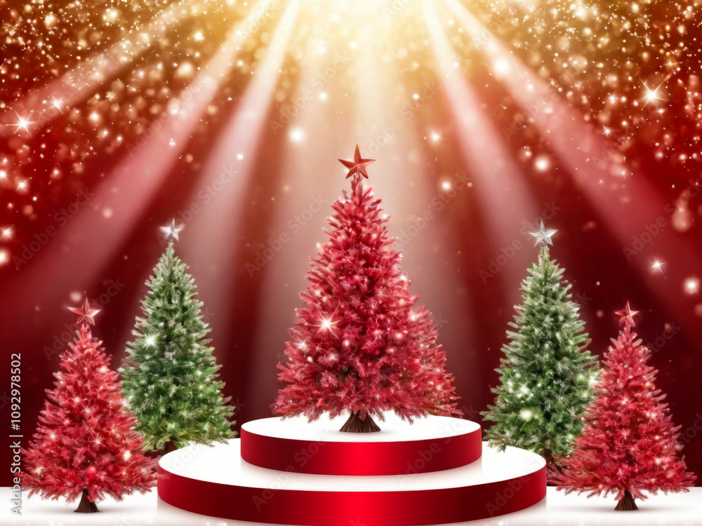 Festive Christmas Trees on Red Podium with Sparkling Background Festive Christmas Trees on Red Podium with Sparkling Background
