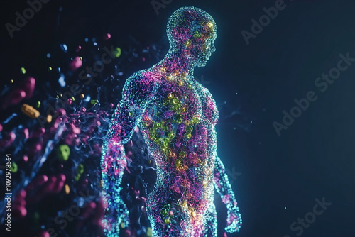 Silhouette of the human body consisting of cells, tissues, organs and microorganisms. Human microbiome. Generated by artificial intelligence