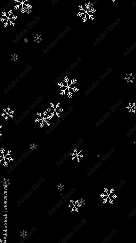 Vertical video of white snowflakes falling on the black background. Winter, Christmas theme, snowflakes overlay concept. Loop animation. Just add screen mode in AE and you will have overlay. Vertical video of white snowflakes falling on the black background. Winter, Christmas theme, snowflakes overlay concept. Loop animation. Just add screen mode in AE and you will have overlay.