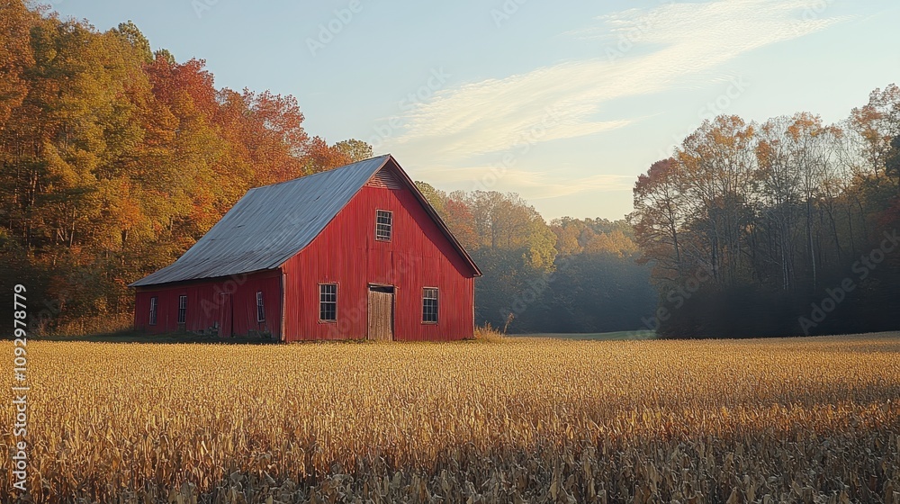 Serene Autumn Landscape Featuring a Vibrant Red Barn Surrounded by Golden Fields and Colorful Trees in a Tranquil Rural Setting Serene Autumn Landscape Featuring a Vibrant Red Barn Surrounded by Golden Fields and Colorful Trees in a Tranquil Rural Setting
