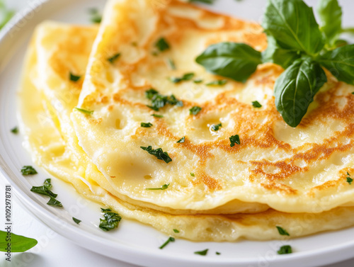 Traditional Cheese Blini Pancakes Garnished with Fresh Herbs on a White Ceramic Plate, Authentic Recipe Cuisine