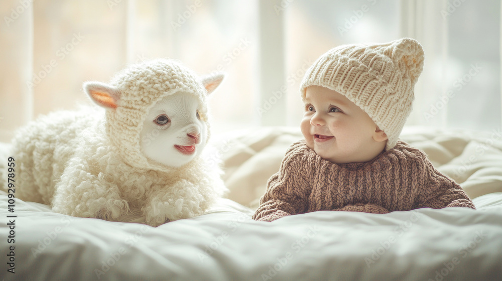 Lamb and baby in knitted attire gaze at each other. Lamb and baby in knitted attire gaze at each other.