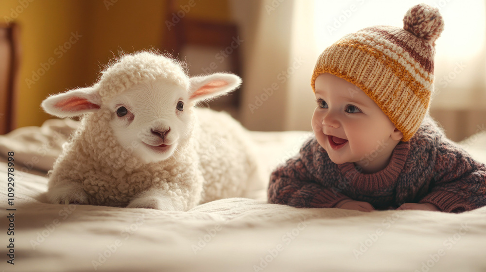Charming baby and lamb in knitted hats on a bed. Charming baby and lamb in knitted hats on a bed.
