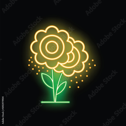 Neon flower with glowing petals and green stem blooming on a black background