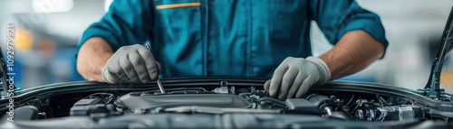 Close-up of an auto mechanic wearing gloves and using tools to repair a car engine in a professional garage setting.