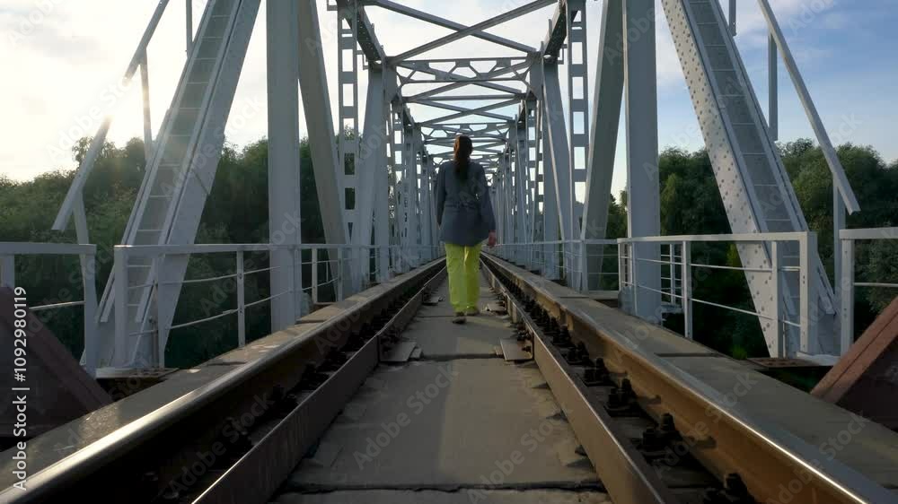 A middle-aged woman walks across a railway bridge on a sunny summer day.