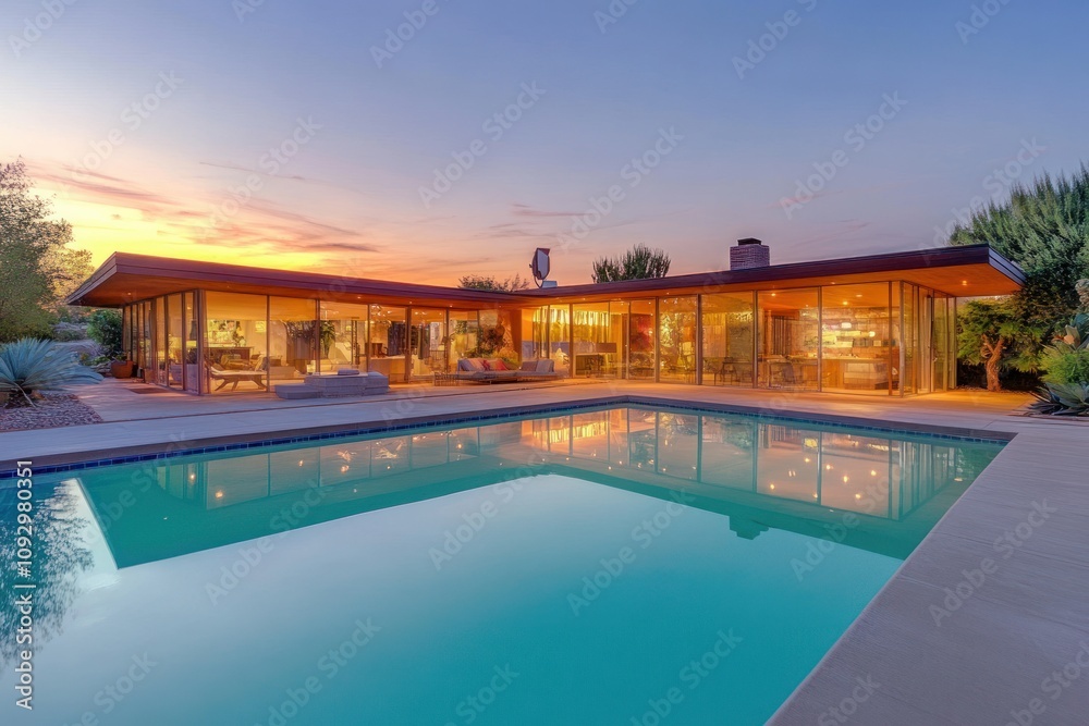 Fototapeta premium Modern Home with Pool at Sunset
