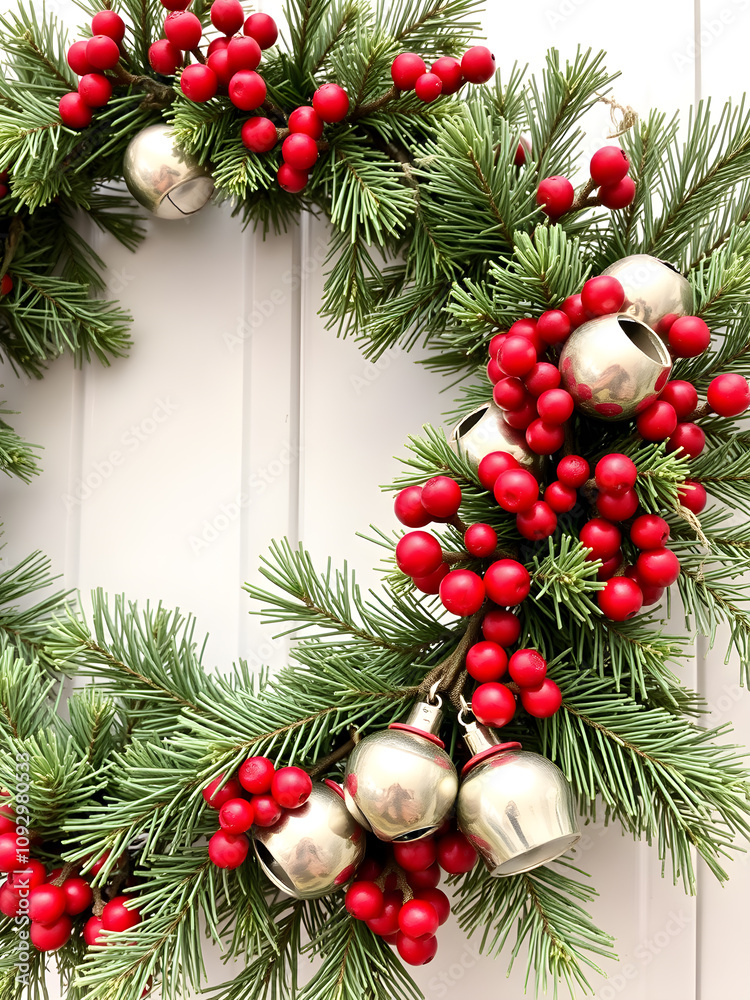 A festive garland made of pine, berries, and silver bells. Generative AI A festive garland made of pine, berries, and silver bells. Generative AI