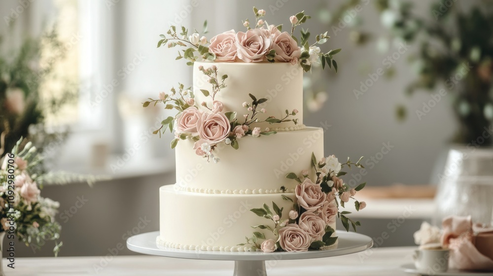 Elegant Floral Wedding Cake with Rosy Decorations Elegant Floral Wedding Cake with Rosy Decorations