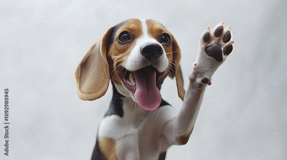 Energetic beagle with playful demeanor, showcasing happy expression and raised paw. This adorable dog exudes joy and enthusiasm, perfect for capturing hearts Energetic beagle with playful demeanor, showcasing happy expression and raised paw. This adorable dog exudes joy and enthusiasm, perfect for capturing hearts