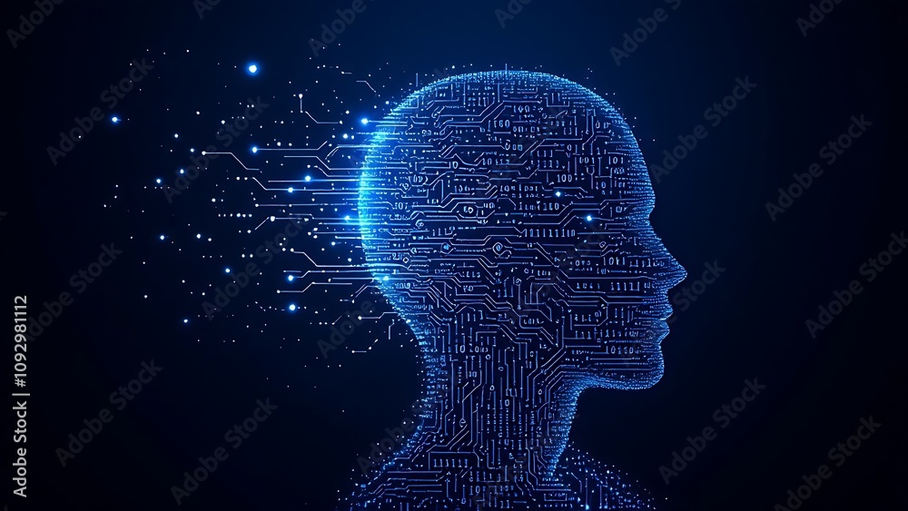 Big data and artificial intelligence concept. Machine learning and cyber mind domination concept in form of women face outline outline with circuit board and binary data flow on blue background. Big data and artificial intelligence concept. Machine learning and cyber mind domination concept in form of women face outline outline with circuit board and binary data flow on blue background.