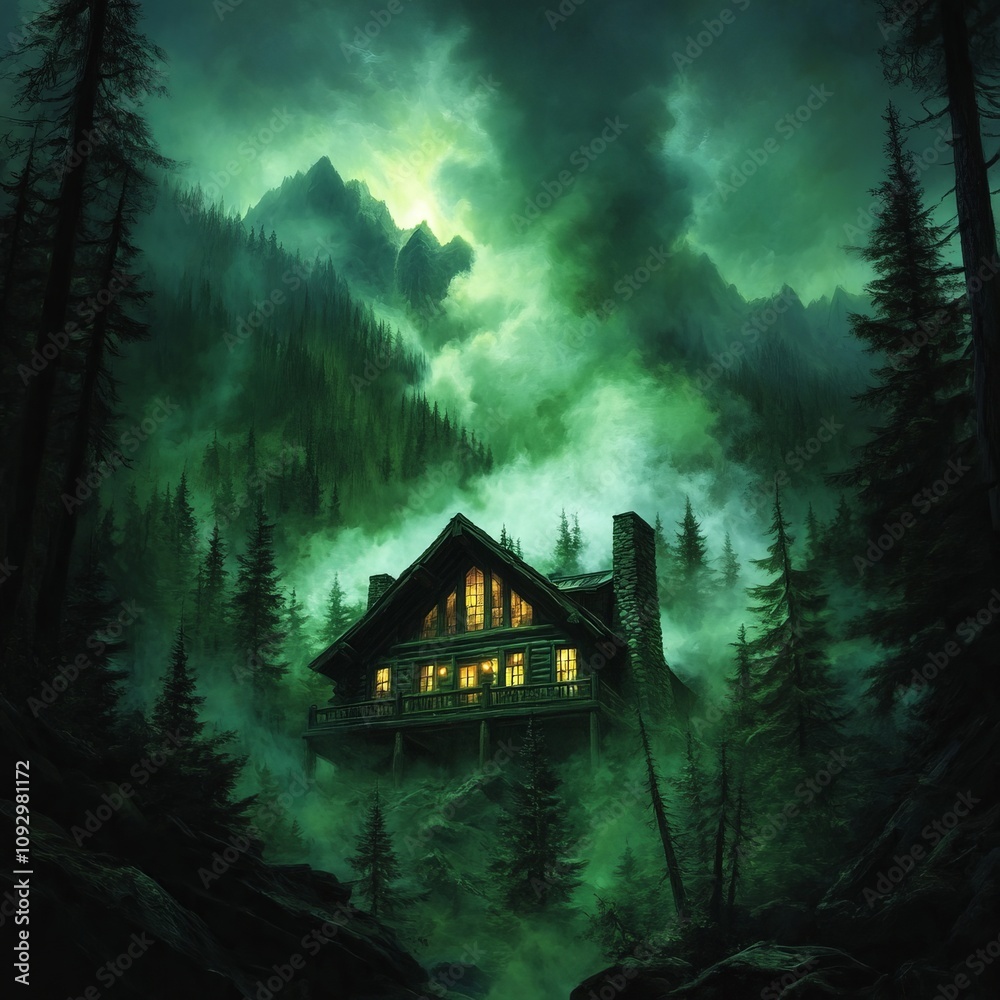 Mysterious mountain cabin shrouded in fog at night. Mysterious mountain cabin shrouded in fog at night.