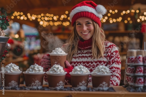 A vendor at a Christmas market sells hot chocolate with whipped cream. photo