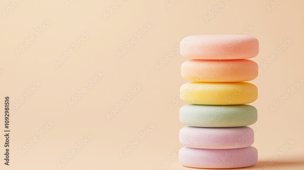 Eco-Friendly Solid Shampoo Bars Stacked in Pastel Colors on a Neutral Background, Zero Waste Hair Care Products Eco-Friendly Solid Shampoo Bars Stacked in Pastel Colors on a Neutral Background, Zero Waste Hair Care Products