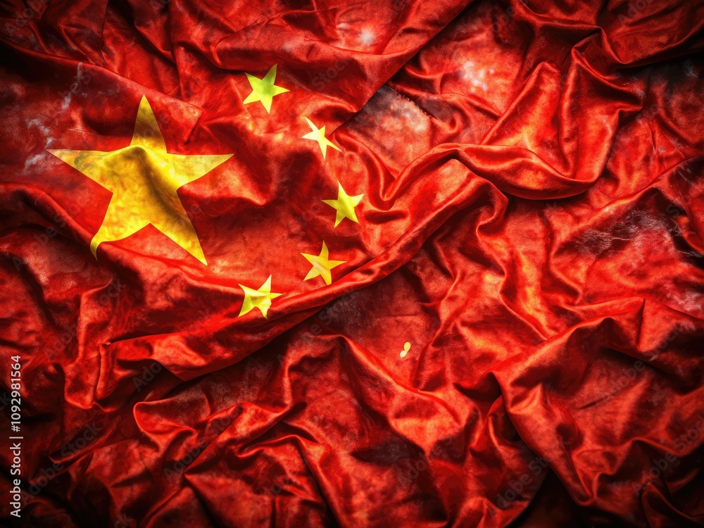 Obraz premium Crumpled Chinese flag set against a vibrant red backdrop, featuring a bokeh effect, symbolizes national identity, texture, and colorful aesthetics for cultural and artistic expression.