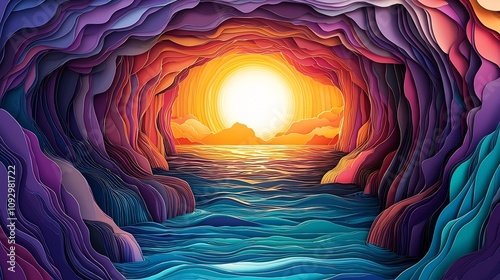 A vibrant and colorful paper cut style depicting a serene sea cave surrounded by rugged cliffs with the calm ocean waters reflecting the warm hues of the sunset or sunrise sky