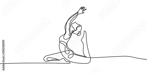 Continuous line drawing of a woman in a yoga pose, representing relaxation and fitness. Vector art focused on health and meditation, isolated on a white background.