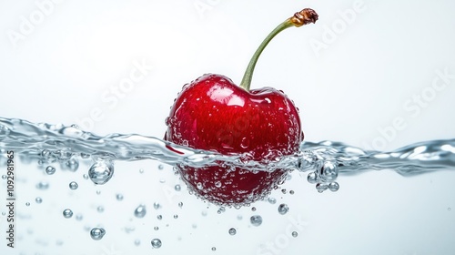 Vibrant fresh cherries submerged in water with bubbles and ripples, highlighting freshness and purity