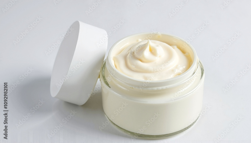 Open jar of cream on a white background, moisturizing skincare product, perfect for daily use Open jar of cream on a white background, moisturizing skincare product, perfect for daily use