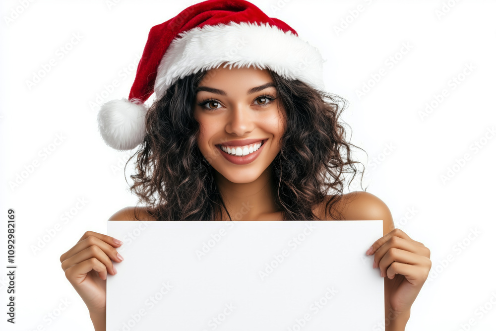A woman wearing a red santa christmas hat holding a blank sign for festive message A woman wearing a red santa christmas hat holding a blank sign for festive message