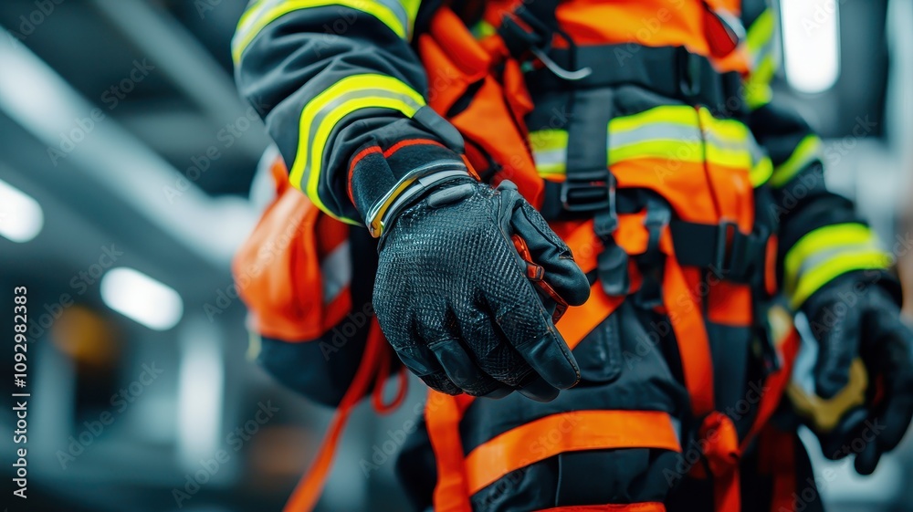 Close-up of a rescue worker wearing high-visibility protective gear and gloves, symbolizing safety, preparedness, and emergency response. Close-up of a rescue worker wearing high-visibility protective gear and gloves, symbolizing safety, preparedness, and emergency response.