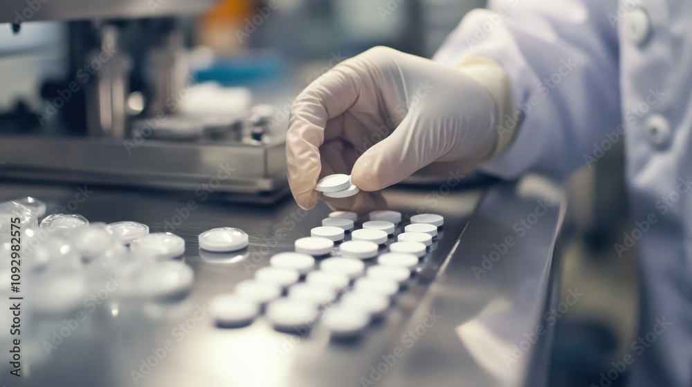 A person wearing a white lab coat is holding a pill in their gloved hand A person wearing a white lab coat is holding a pill in their gloved hand