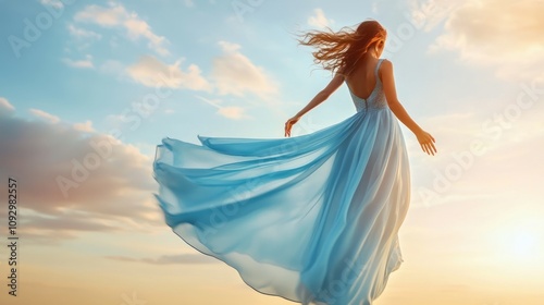 Graceful Woman Dancing in Flowing Dress at Sunset