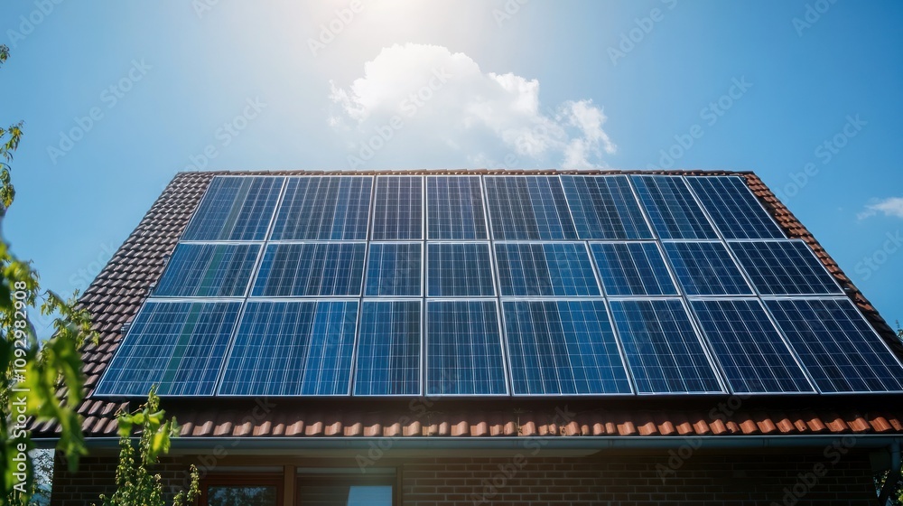 Fototapeta premium Solar Panels on a Rooftop Under Bright Sky