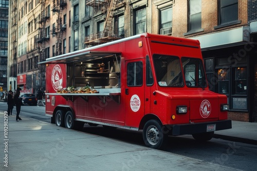 Red Food Truck on Urban Street Scene photo