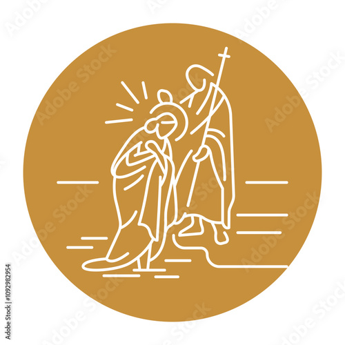 Baptism blessing of Jesus Christ  in Jordan river water by John Baptist black line icon. Christian holiday
