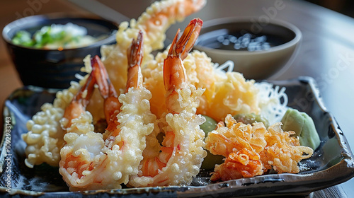 A platter of crispy tempura, showcasing shrimp, vegetables, and seafood lightly battered and fried to perfection, served with tentsuyu dipping sauce. photo