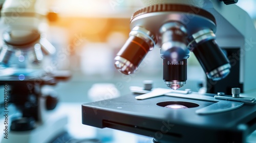 Close-up of stem cells in a petri dish under a microscope, symbolizing medical research and innovation, with scientific equipment in the background.