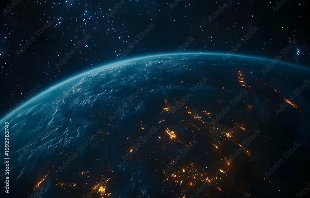 Earth at night from space, city lights glowing against the dark ocean. Earth at night from space, city lights glowing against the dark ocean.