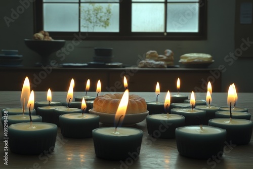 Hanukkah. Jewish holiday of candles, which are lit in honor of the miracle that occurred during the consecration of the Temple. Candles and food on the fireplace and table 