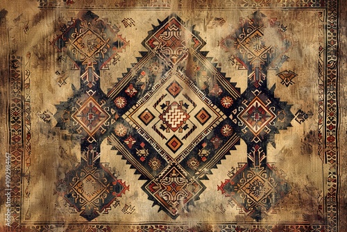 A rug with a pattern of squares and triangles