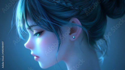 Amethyst Earring on Anime-Inspired Girl with Loose Hair Strands in High Bun photo