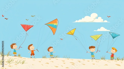 Cheerful kids enjoying the thrill of flying colorful kites on a picturesque sandy beach under a clear blue sky with fluffy clouds  This flat design captures the joyful