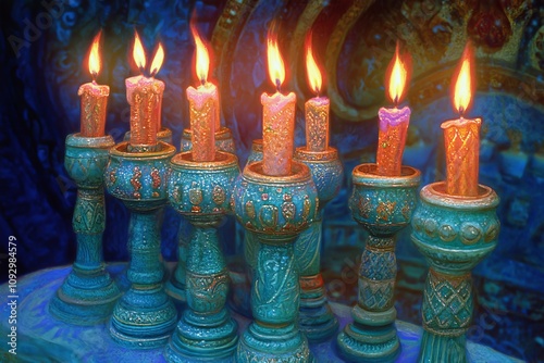 Hanukkah. Jewish holiday of candles, which are lit in honor of the miracle that occurred during the consecration of the Temple. Candles and food on the fireplace and table 