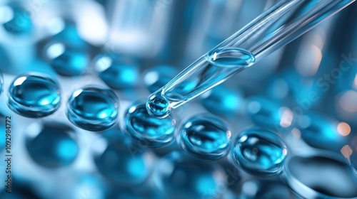 A droplet of water is being drawn from a blue liquid