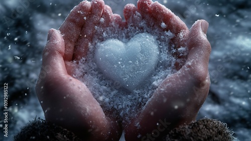 heartily made of snow inside hands, realistic, cozy, cute