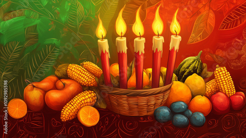 kinara with burning candles surrounded by fruits, woven baskets and yellow corn on African patterned fabric, red and green gradient background with ethnic motif kKwanzaa, Ai generated images