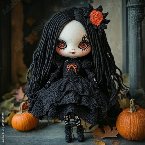 Nice halloween gothic girl witch doll crocheted made of yarn wool beautiful holiday picture handmade decor design art creative craft photo