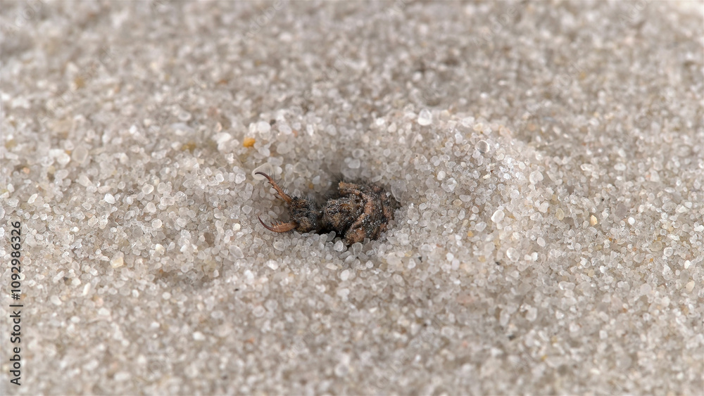 Insecta larva Myrmeleon formicarius or common antlion, family Myrmeleontidae, order Neuroptera. Predator, buries itself in the sand, making a funnel and waits for prey. Insecta larva Myrmeleon formicarius or common antlion, family Myrmeleontidae, order Neuroptera. Predator, buries itself in the sand, making a funnel and waits for prey.