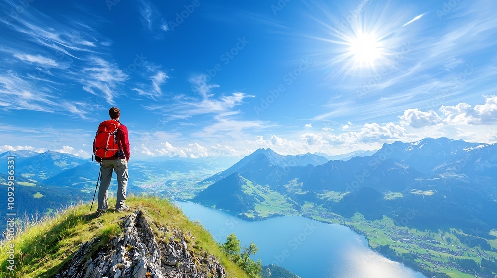 A person hiking stands on a ridge overlooking the breathtaking panoramic view of the Swiss Alps mountain range under a bright clear blue sky with fluffy white clouds